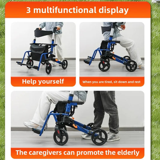 Elderly Rehabilitation Walking Assist Rollator Walker Aluminum Alloy Folding Pulley Mobility Aid Scooter Four-wheel Shopping Car