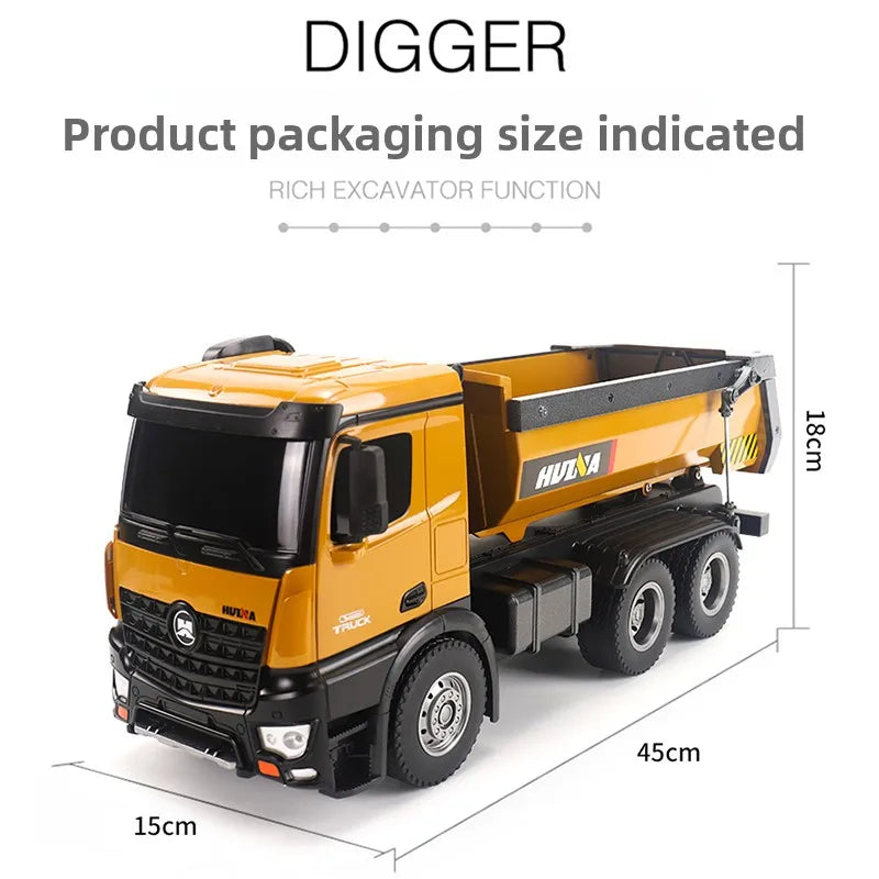 Huina 573 New 10-Channel 1:14 Alloy Remote Control Full-Scale Heavy-Duty Engineering Dump Truck Remote Control Toy With Lights