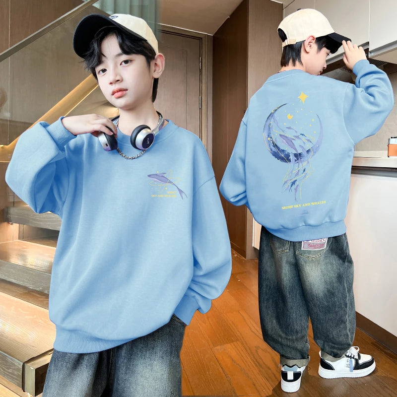 Autumn Boys Clothing 7 To 14 Years Sweatshirt Moon Whale Print Children's Tops Spring Round Neck Long Sleeves Pullovers for Kids