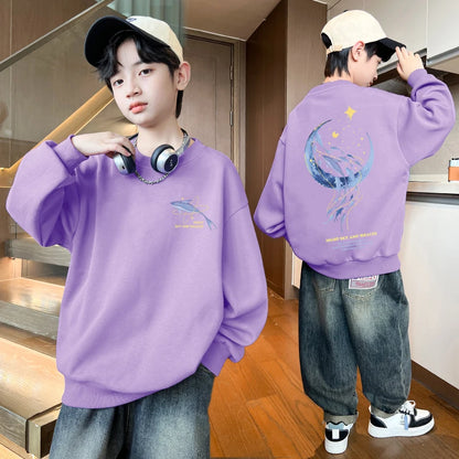 Autumn Boys Clothing 7 To 14 Years Sweatshirt Moon Whale Print Children's Tops Spring Round Neck Long Sleeves Pullovers for Kids