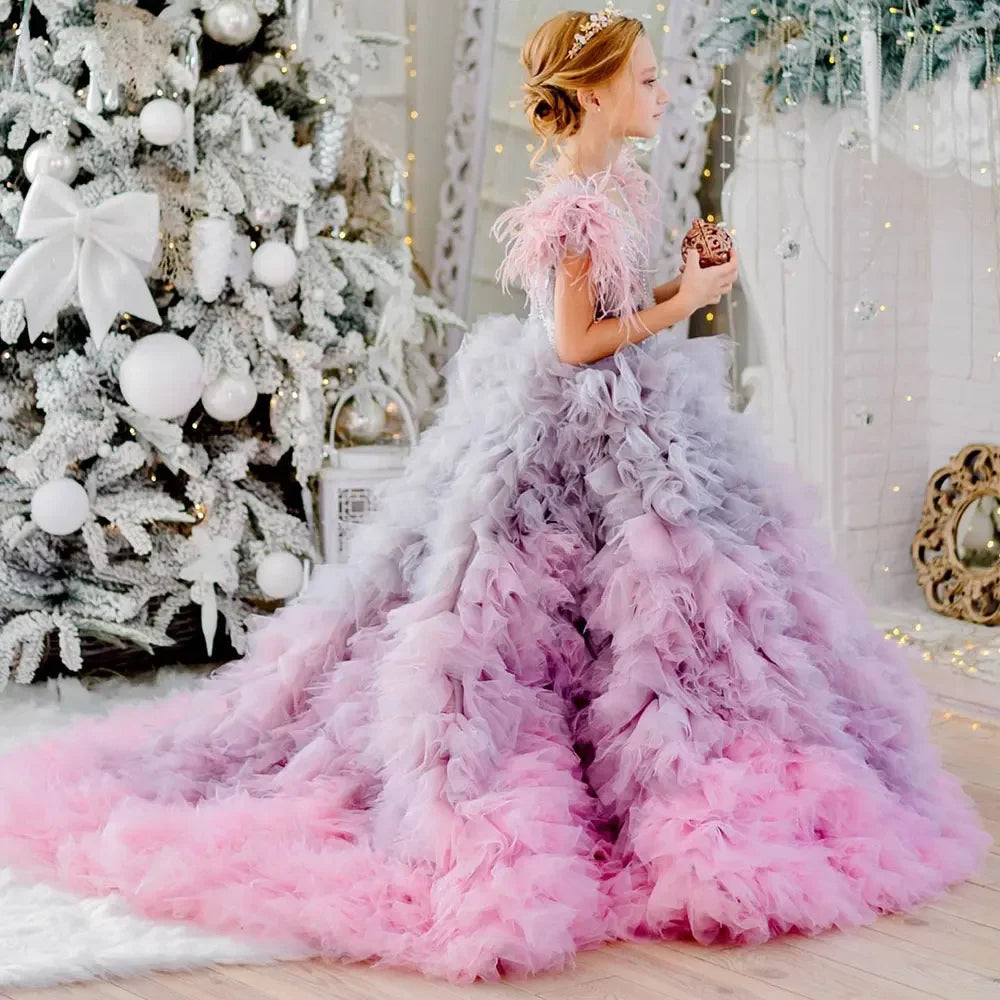 Luxury Flower Girl Dress Applique Feathers Beading Princess Prom Ball Gown for Kids Wedding Birthday Communion Party Quinceañera