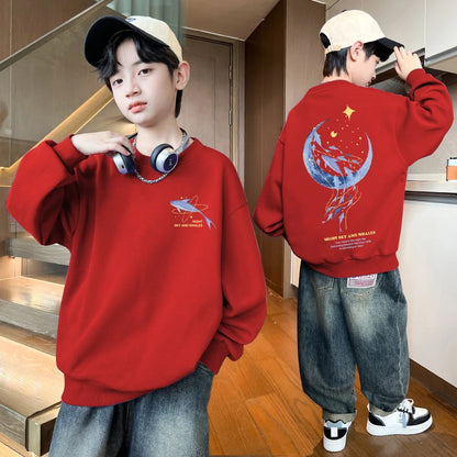 Autumn Boys Clothing 7 To 14 Years Sweatshirt Moon Whale Print Children's Tops Spring Round Neck Long Sleeves Pullovers for Kids