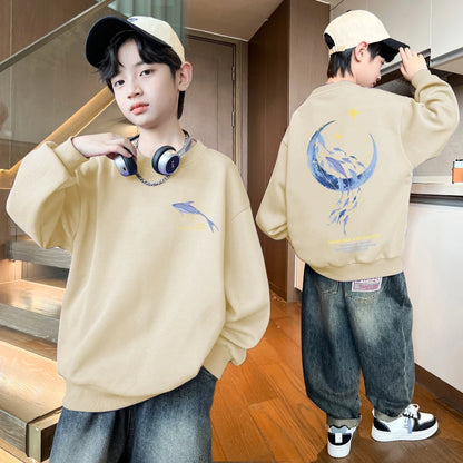 Autumn Boys Clothing 7 To 14 Years Sweatshirt Moon Whale Print Children's Tops Spring Round Neck Long Sleeves Pullovers for Kids