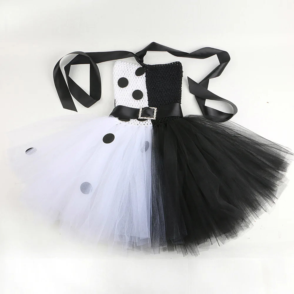 Halloween Costume Kids Black White Dalmatians Party Dress Clown Birthday Prom Dress Up Puffy Dress For Girls Clothes With Belt