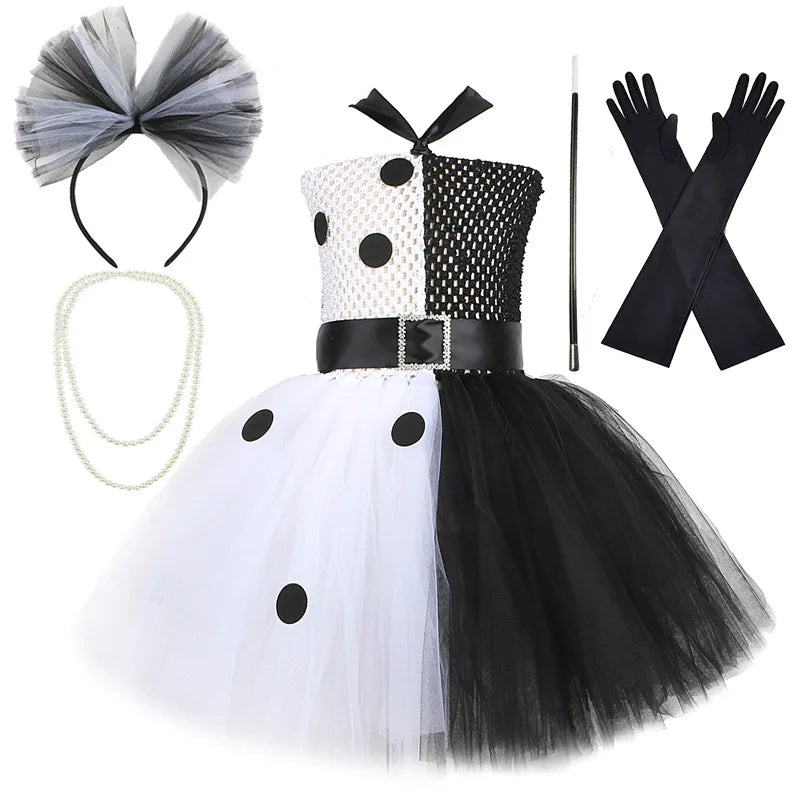 Halloween Costume Kids Black White Dalmatians Party Dress Clown Birthday Prom Dress Up Puffy Dress For Girls Clothes With Belt
