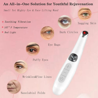 3 in 1 Eye Lift Beauty Device Vibrating Red Light 98°F to 113°F LCD Display Eye Massager Wand for Dry Eye Dark Circle Puffiness