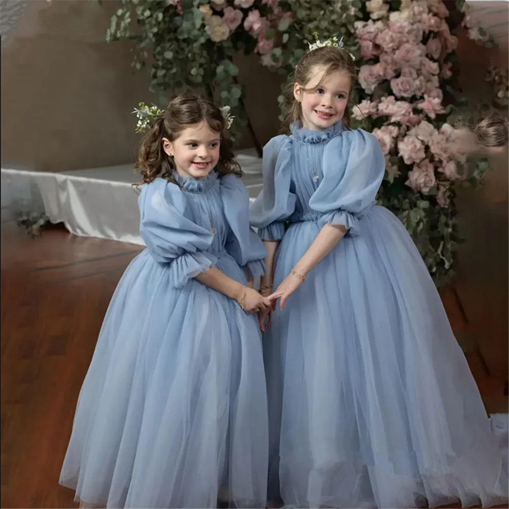 Blue Tulle Girl Dresses Ball Gown Half Sleeve For Wedding Birthday Party Banquet Princess Gowns