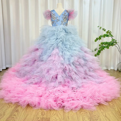 Luxury Flower Girl Dress Applique Feathers Beading Princess Prom Ball Gown for Kids Wedding Birthday Communion Party Quinceañera
