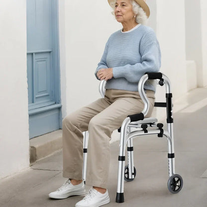 Quad Cane with Seat and Adjustable Height, Walking Aid for Elderly and Disabled Folding Walking Stick with Seat