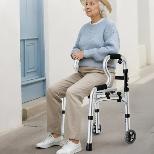 Quad Cane with Seat and Adjustable Height, Walking Aid for Elderly and Disabled Folding Walking Stick with Seat