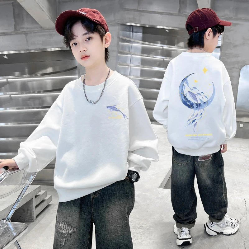 Autumn Boys Clothing 7 To 14 Years Sweatshirt Moon Whale Print Children's Tops Spring Round Neck Long Sleeves Pullovers for Kids