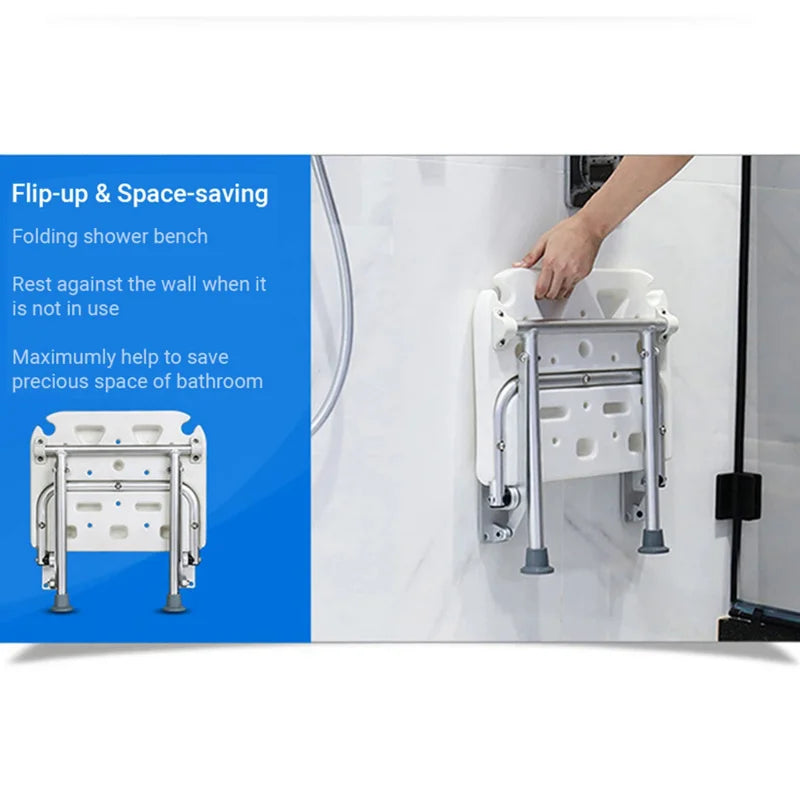 Folding Shower Bench Wall Mounted Flip-up Bath Seat Screw-in Bathroom Chair Stool Non-slip Feet Drainage Holes Shower Head Slot