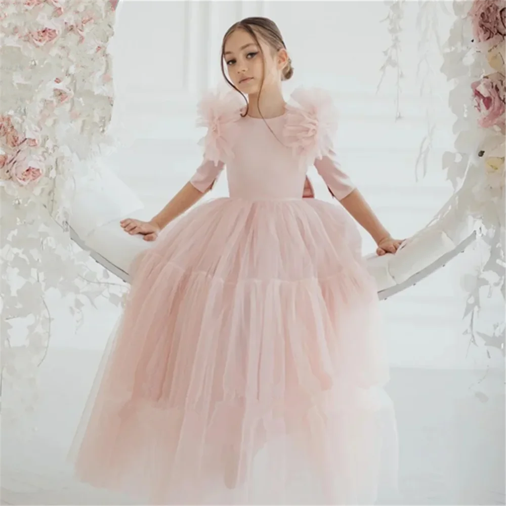 Pink Flower Girl Dresses Tulle With Bow Half Sleeve For Wedding Birthday Party Banquet Princess Gowns