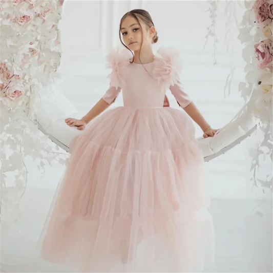 Pink Flower Girl Dresses Tulle With Bow Half Sleeve For Wedding Birthday Party Banquet Princess Gowns