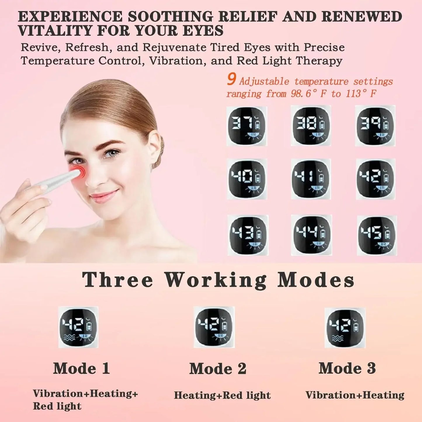 3 in 1 Eye Lift Beauty Device Vibrating Red Light 98°F to 113°F LCD Display Eye Massager Wand for Dry Eye Dark Circle Puffiness