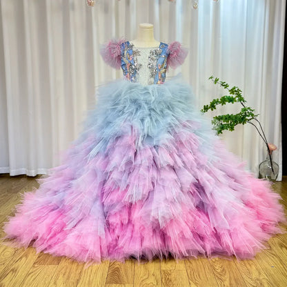 Luxury Flower Girl Dress Applique Feathers Beading Princess Prom Ball Gown for Kids Wedding Birthday Communion Party Quinceañera