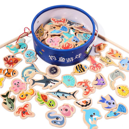 Montessori Wooden Magnetic Fishing Toys Marine Life Cognition Fish Games Early Educational Toy for Kids Parent-child Interactive