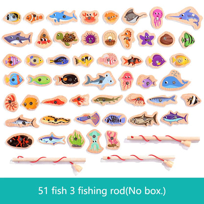 Montessori Wooden Magnetic Fishing Toys Marine Life Cognition Fish Games Early Educational Toy for Kids Parent-child Interactive