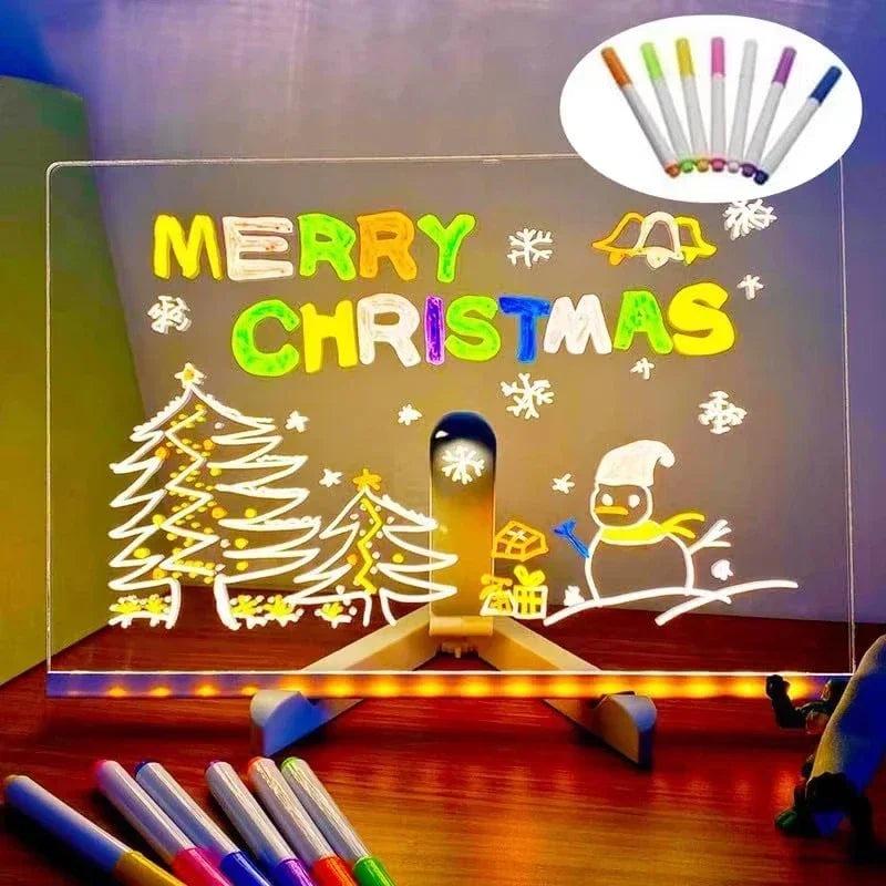 Acrylic Clear Light Up Drawing Board,Glow Erasable Memo LED Magic Board , Kids DIY Toys , with 7 Color Markers Pen and Stand