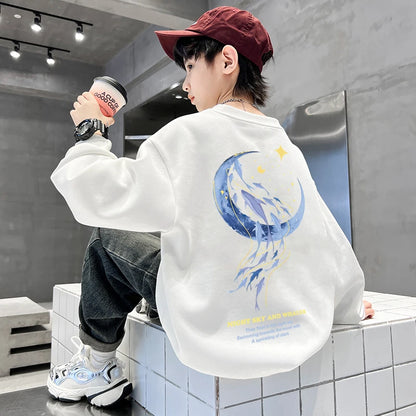 Autumn Boys Clothing 7 To 14 Years Sweatshirt Moon Whale Print Children's Tops Spring Round Neck Long Sleeves Pullovers for Kids