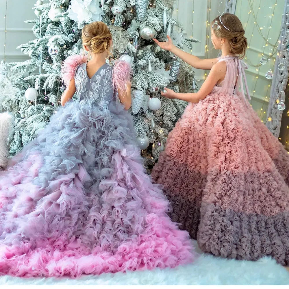 Luxury Flower Girl Dress Applique Feathers Beading Princess Prom Ball Gown for Kids Wedding Birthday Communion Party Quinceañera
