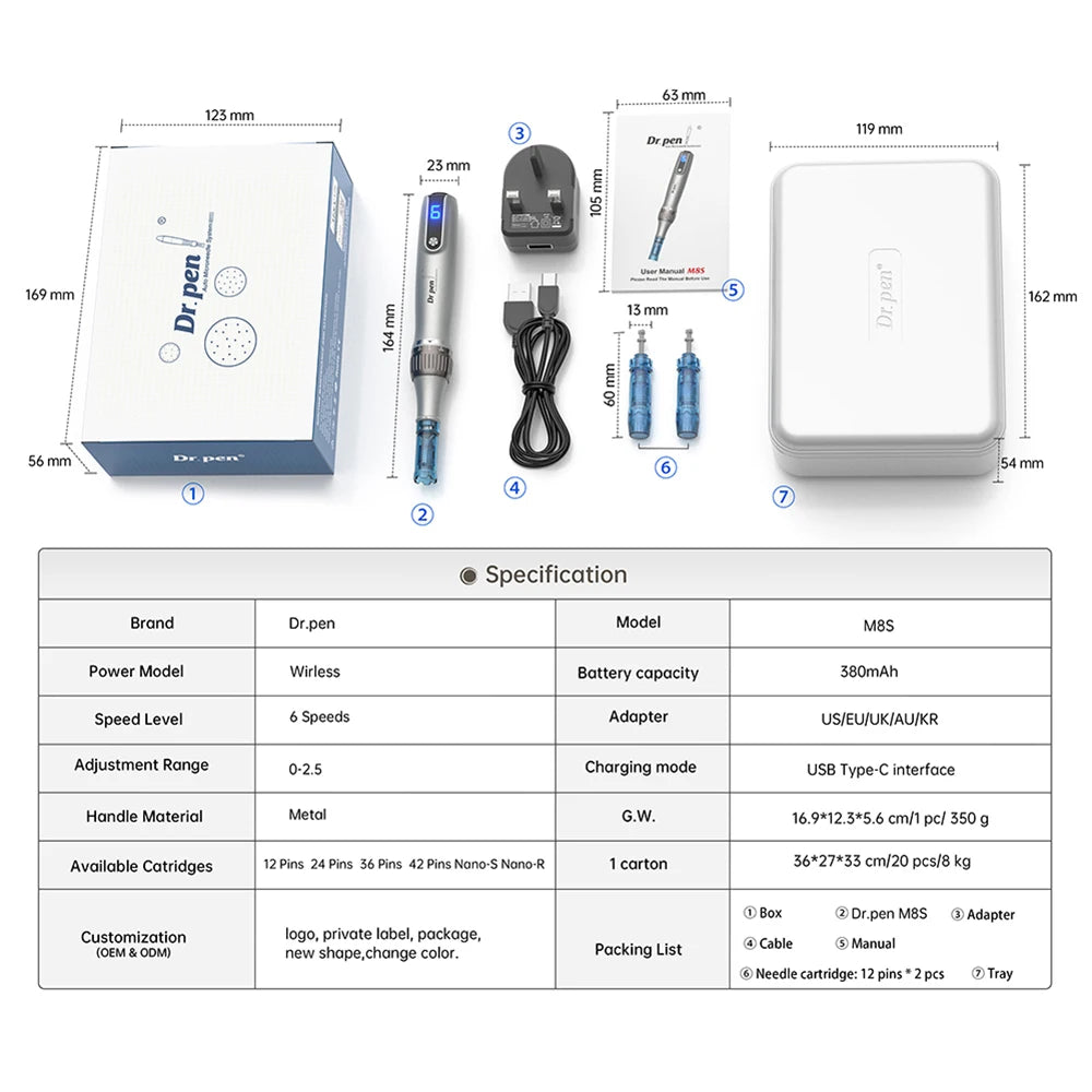 Genuine Dr.pen M8S Wireless Derma Pen Kit Professional Microneedling Pen Skin Care Beauty Machine With 20pcs Dr Pen Cartridges