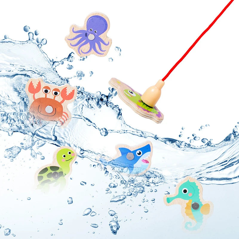 Montessori Wooden Magnetic Fishing Toys Marine Life Cognition Fish Games Early Educational Toy for Kids Parent-child Interactive