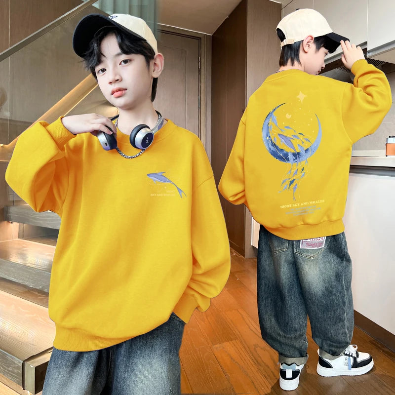 Autumn Boys Clothing 7 To 14 Years Sweatshirt Moon Whale Print Children's Tops Spring Round Neck Long Sleeves Pullovers for Kids