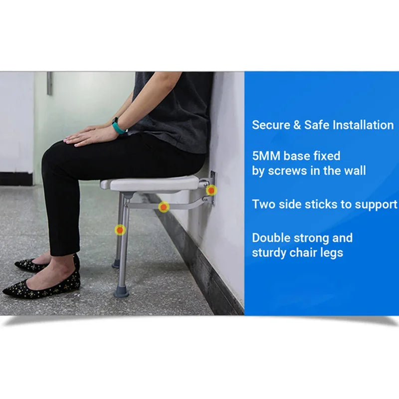 Folding Shower Bench Wall Mounted Flip-up Bath Seat Screw-in Bathroom Chair Stool Non-slip Feet Drainage Holes Shower Head Slot