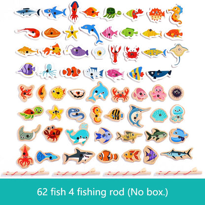 Montessori Wooden Magnetic Fishing Toys Marine Life Cognition Fish Games Early Educational Toy for Kids Parent-child Interactive