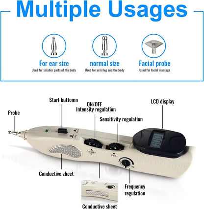 Electronic Acupuncture Pen Meridian Pen Find Acupoints Automatically with 3 Massage Heads Rechargeable