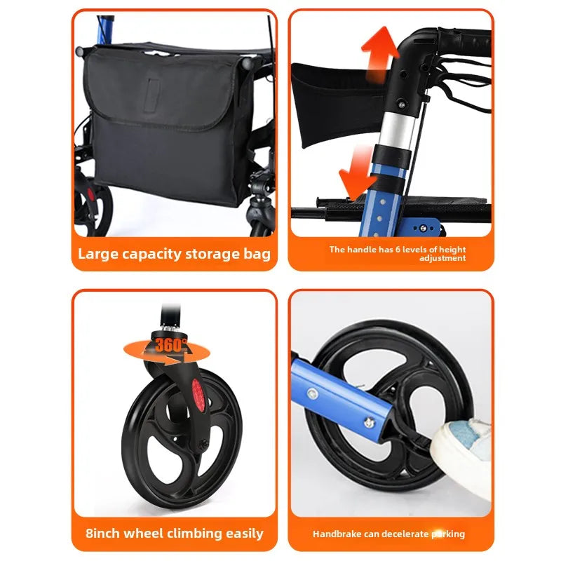 Elderly Rehabilitation Walking Assist Rollator Walker Aluminum Alloy Folding Pulley Mobility Aid Scooter Four-wheel Shopping Car