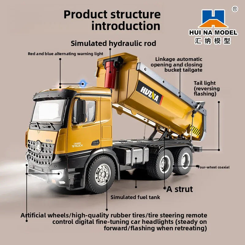 Huina 573 New 10-Channel 1:14 Alloy Remote Control Full-Scale Heavy-Duty Engineering Dump Truck Remote Control Toy With Lights