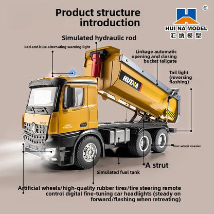 Huina 573 New 10-Channel 1:14 Alloy Remote Control Full-Scale Heavy-Duty Engineering Dump Truck Remote Control Toy With Lights