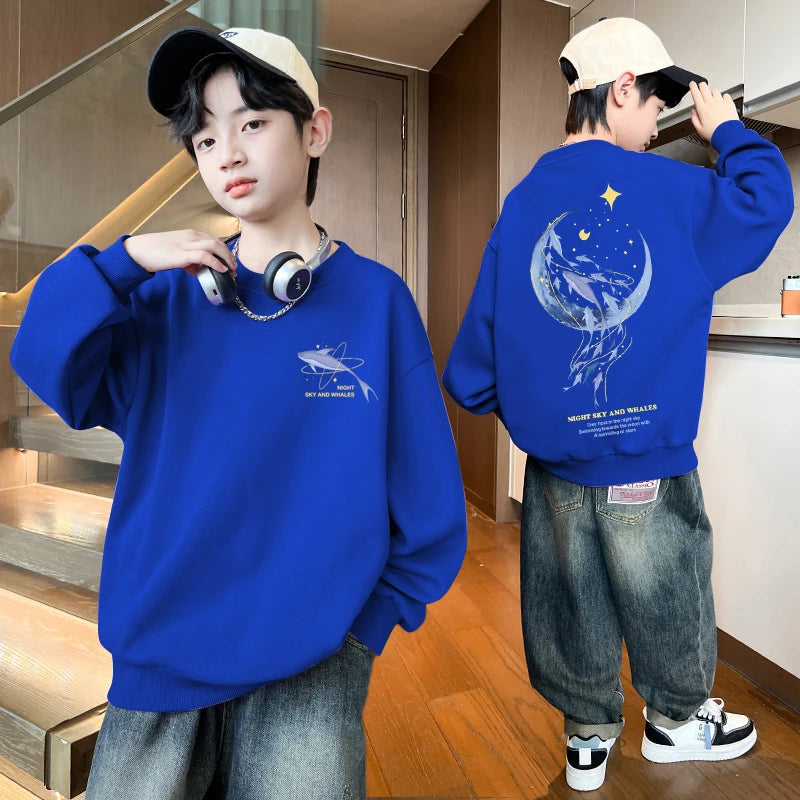 Autumn Boys Clothing 7 To 14 Years Sweatshirt Moon Whale Print Children's Tops Spring Round Neck Long Sleeves Pullovers for Kids