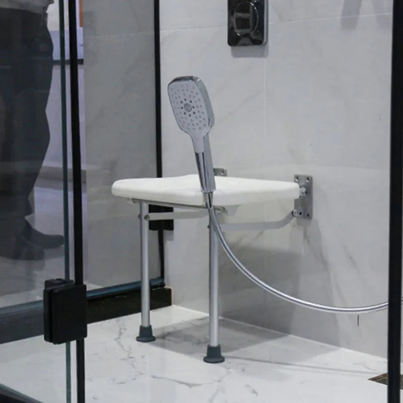 Folding Shower Bench Wall Mounted Flip-up Bath Seat Screw-in Bathroom Chair Stool Non-slip Feet Drainage Holes Shower Head Slot