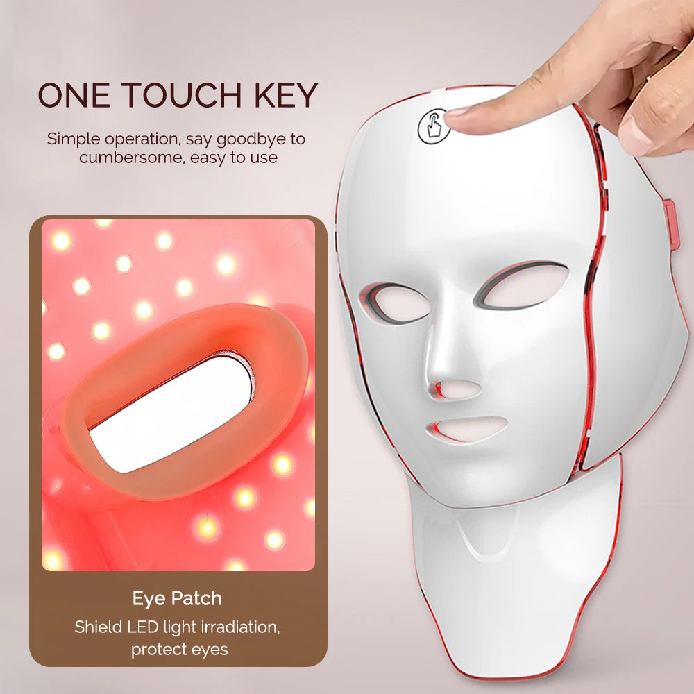 LED Facial Mask with Neck 7 Colors Light Therapy Red Light Facial Mask for Anti-Aging Rejuvenation Brighten Skin Beauty Device