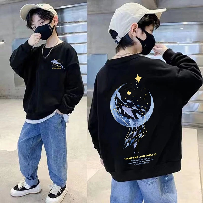 Autumn Boys Clothing 7 To 14 Years Sweatshirt Moon Whale Print Children's Tops Spring Round Neck Long Sleeves Pullovers for Kids