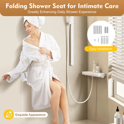 Wall Mounted Shower Seat ,Folding Shower Seat Wall Mounted, Fold Up Shower Chair Non-Slip White Bathroom Wall Stool