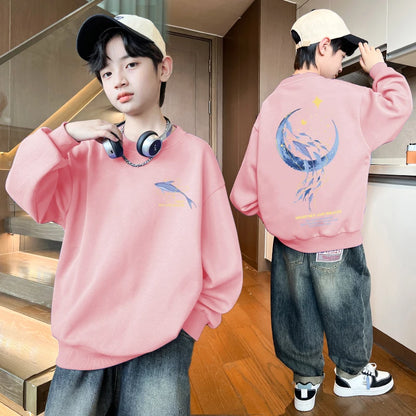 Autumn Boys Clothing 7 To 14 Years Sweatshirt Moon Whale Print Children's Tops Spring Round Neck Long Sleeves Pullovers for Kids