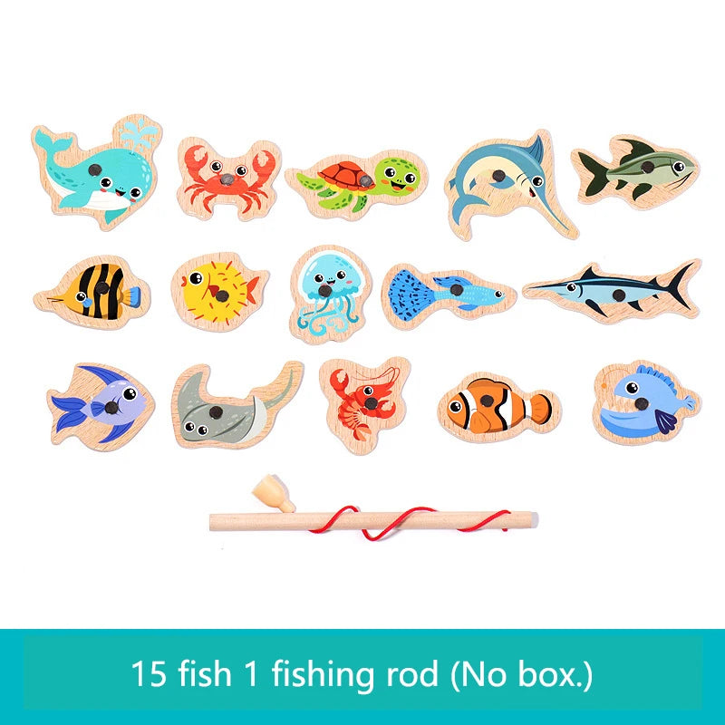 Montessori Wooden Magnetic Fishing Toys Marine Life Cognition Fish Games Early Educational Toy for Kids Parent-child Interactive