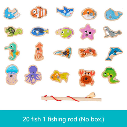 Montessori Wooden Magnetic Fishing Toys Marine Life Cognition Fish Games Early Educational Toy for Kids Parent-child Interactive