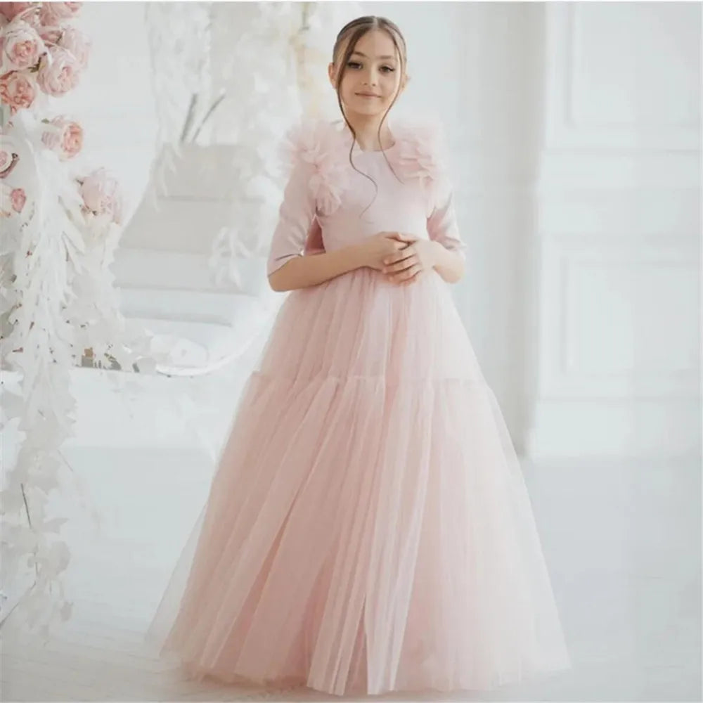 Pink Flower Girl Dresses Tulle With Bow Half Sleeve For Wedding Birthday Party Banquet Princess Gowns