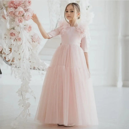 Pink Flower Girl Dresses Tulle With Bow Half Sleeve For Wedding Birthday Party Banquet Princess Gowns