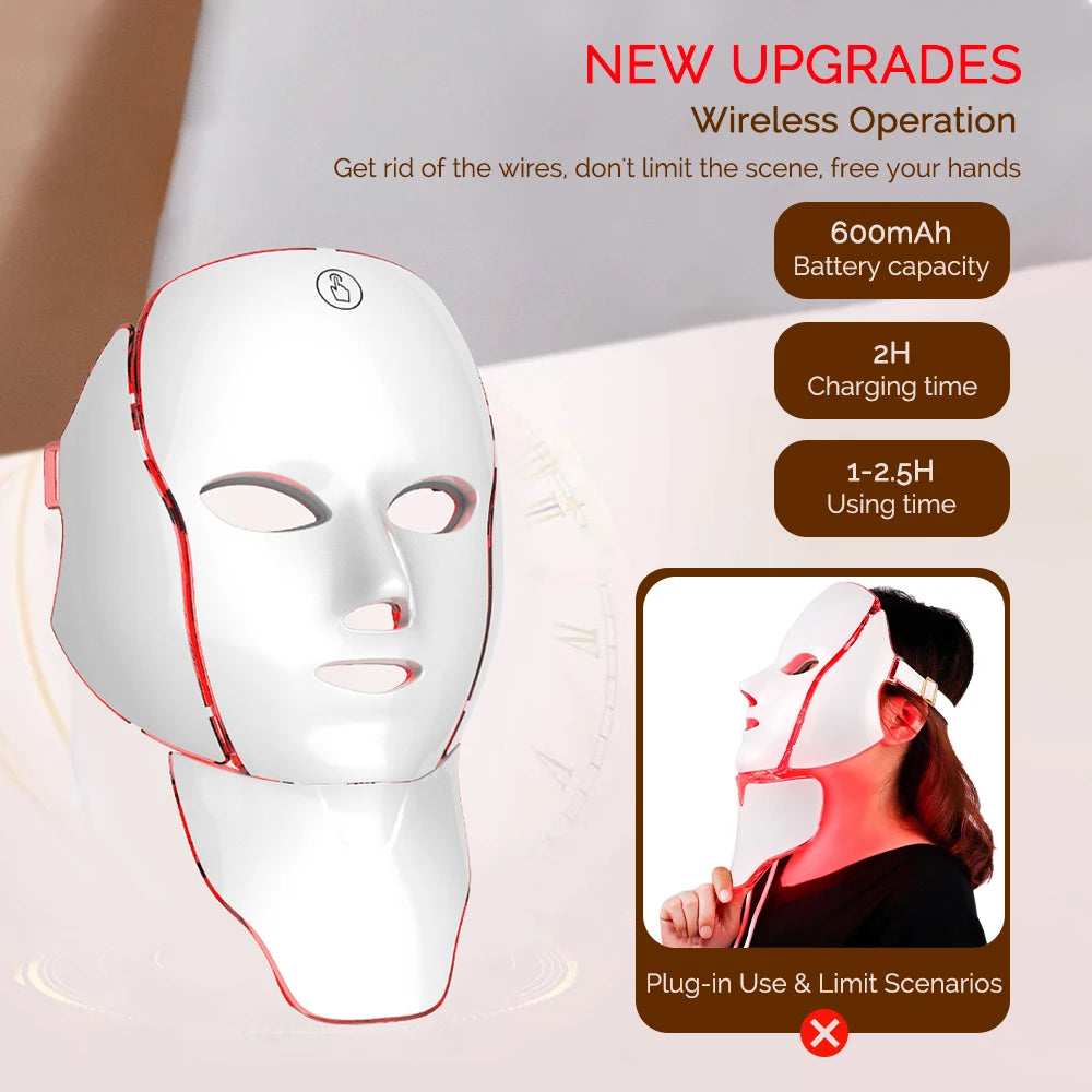 LED Facial Mask with Neck 7 Colors Light Therapy Red Light Facial Mask for Anti-Aging Rejuvenation Brighten Skin Beauty Device