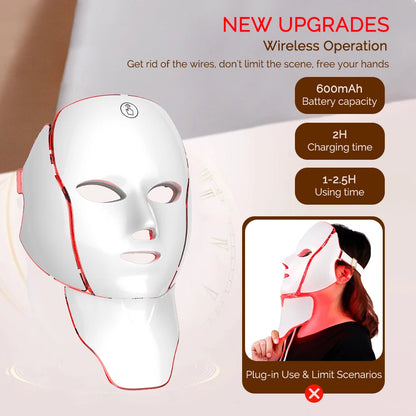 LED Facial Mask with Neck 7 Colors Light Therapy Red Light Facial Mask for Anti-Aging Rejuvenation Brighten Skin Beauty Device