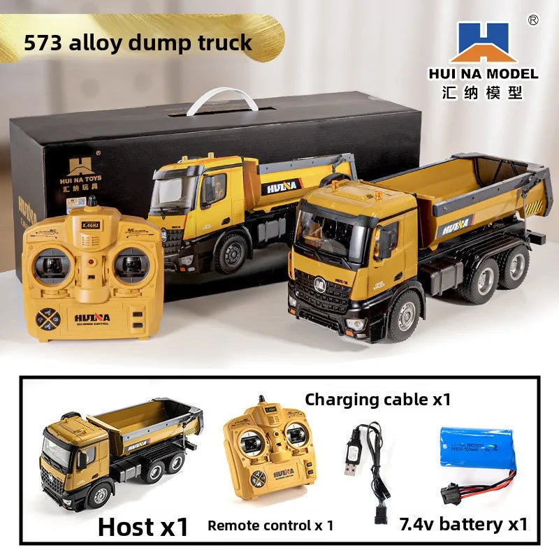 Huina 573 New 10-Channel 1:14 Alloy Remote Control Full-Scale Heavy-Duty Engineering Dump Truck Remote Control Toy With Lights