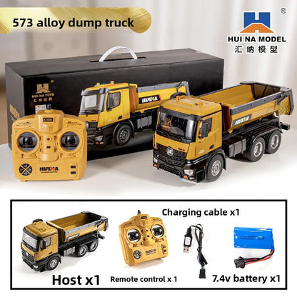 Huina 573 New 10-Channel 1:14 Alloy Remote Control Full-Scale Heavy-Duty Engineering Dump Truck Remote Control Toy With Lights