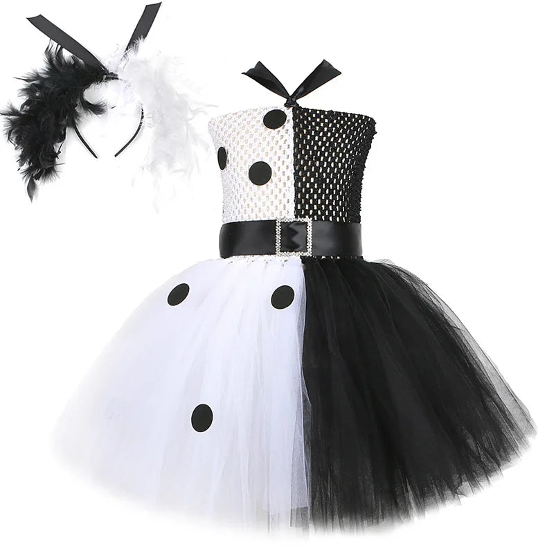 Halloween Costume Kids Black White Dalmatians Party Dress Clown Birthday Prom Dress Up Puffy Dress For Girls Clothes With Belt