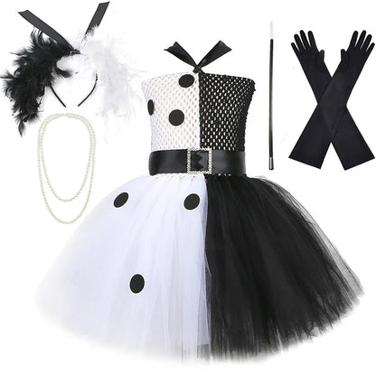 Halloween Costume Kids Black White Dalmatians Party Dress Clown Birthday Prom Dress Up Puffy Dress For Girls Clothes With Belt